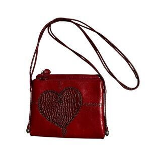 Vintage Brighton Red Leather Heart Crossbody Bag Silver Wallet Zipper Magnetic